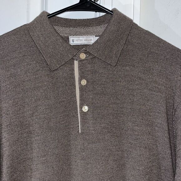 Wool Lt Brown Peter Millar Polo Style Golf Sweater Sweatshirt Shirt L w/holes - Picture 5 of 7